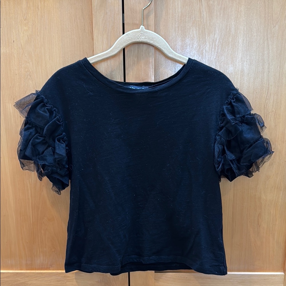Anthropologie Lea & Viola Black Ruffle Sleeve Blouse Top Size S